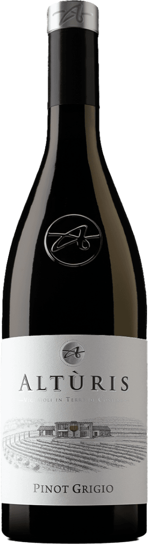 Friuli DOP Pinot Grigio 2024 Het label toont een zwart-witte tekening van een wijnhuis of kasteel met wijngaarden op de voorgrond. Bovenaan staat het logo en de naam 'Altùris' in grote, klassieke letters. Het geheel oogt traditioneel en minimalistisch.