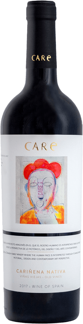 Care Cariñena Nativa 2022 Het label toont een abstracte kunstafbeelding van een gezicht met felle kleuren zoals rood, oranje en blauw. De naam 'CARE' staat bovenaan in grote letters, en er is tekst onder de afbeelding.