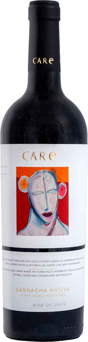 Care Garnacha Nativa 2023 Het label toont een kleurrijke, abstracte tekening van een gezicht met opvallende lijnen en vormen. De achtergrond is felrood met oranje en blauwe accenten. Het geheel heeft een moderne, kunstzinnige uitstraling die direct opvalt.