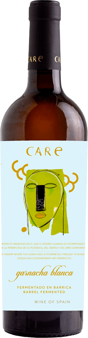 Care Garnacha Blanca Barrica 2023 Het label toont een abstract gezicht in groene en gele tinten, met geometrische vormen. De achtergrond is lichtblauw.