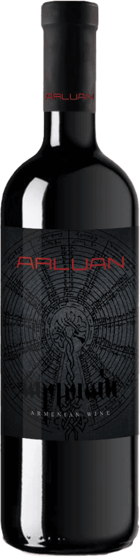 Voskevaz Het label toont een ingewikkeld, cirkelvormig patroon dat lijkt op een mandala of een oud symbool, gedrukt in een donkergrijze tot zwarte kleur. In het midden is een soort boom of wortelstructuur zichtbaar. De naam 'ARLUAN' staat prominent in grote, rode, moderne letters bovenaan het label. Verder is de naam van de wijn in een gotisch ogend lettertype onder het symbool geplaatst. Het geheel heeft een mysterieuze, moderne en enigszins minimalistische uitstraling.