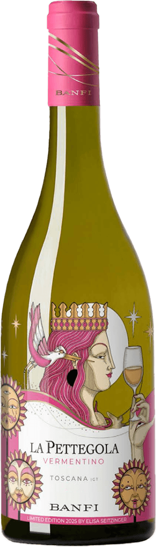 Limited Edition La Pettegola Vermentino Het label toont een artistieke illustratie van een vrouw met een kroon, roze haar en een glas wijn in de hand. Op haar schouder zit een vogel. De achtergrond bevat zon- en maangezichten, sterren en gouden accenten. Het geheel heeft een moderne, kleurrijke uitstraling.