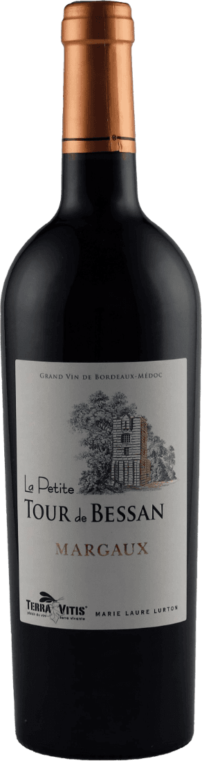 La Petite Tour de Bessan - Bordeaux AC CC 2020 Het label toont een tekening van een kasteel of toren omringd door bomen. De tekst op het label bevat de naam 'La Petite Tour de Bessan' en 'Margaux'. Er is ook een logo met de tekst 'Terra Vitis'.