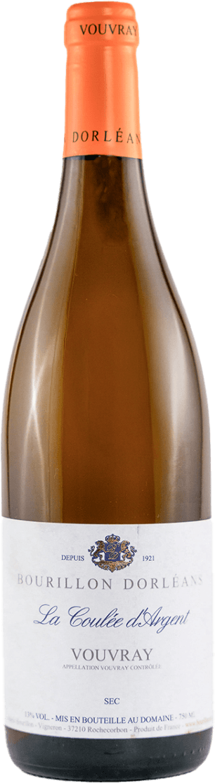 Vouvray AC La Coulée d'Argent 2023 Het label is overwegend wit met een klassiek en traditioneel ontwerp. Bovenaan staat een familiewapen of schild afgebeeld, centraal op het label. De tekst is in elegante, sierlijke letters geschreven, wat het geheel een verfijnde uitstraling geeft. Er zijn geen opvallende afbeeldingen behalve het wapen.
