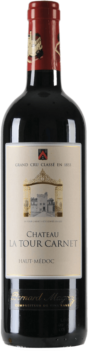 Haut-Médoc AC 4GCC 2019 Het label toont een afbeelding van een kasteel met gouden poorten aan weerszijden. Bovenaan staat 'Grand Cru Classé en 1855'. Onder de afbeelding staan de woorden 'CHATEAU LA TOUR CARNET' en 'HAUT-MÉDOC'. Het ontwerp is traditioneel en elegant.