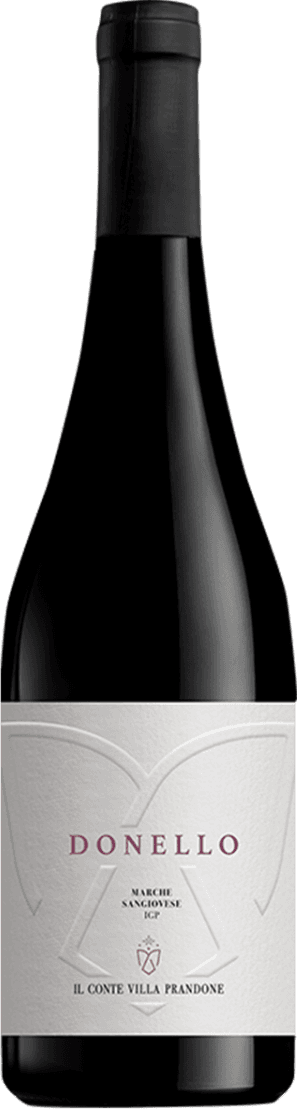 Marche Sangiovese IGP Donello Het label is wit met een minimalistisch ontwerp. Op het label staat centraal de naam 'DONELLO' in grote, paarse letters. Daaronder in kleinere zwarte letters staat 'MARCHE SANGIOVESE IGP' en 'IL CONTE VILLA PRANDONE'. Er is een subtiel, reliëf-achtig patroon zichtbaar dat lijkt op een gestileerde vlinder of abstract symbool, eveneens in wit. Onderaan is een klein goudkleurig schildje afgebeeld. Het geheel oogt strak, modern en minimalistisch.