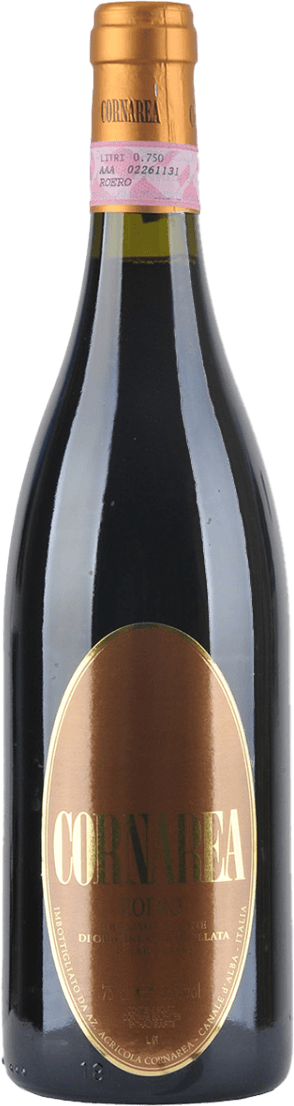 Roero Nebbiolo DOCG Santa Margherita 2022 Het label is ovaalvormig en heeft een metallic goud- of bronskleurige achtergrond met grote, opvallende gouden letters waarop de naam 'Cornarea' staat. Er zijn geen afbeeldingen of illustraties zichtbaar, enkel tekst in een klassieke typografie.