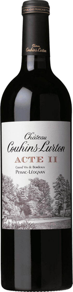Pessac-Léognan AC Cuvée Acte II GCC 2020 Het label toont een klassieke tekening in zwart-wit van een kasteel of wijnhuis met bomen op de achtergrond. De naam 'Château Couhins-Lurton' staat prominent in sierlijke letters, met 'ACTE II' opvallend in rode hoofdletters. Onderaan staan kleinere teksten over de herkomst en classificatie.