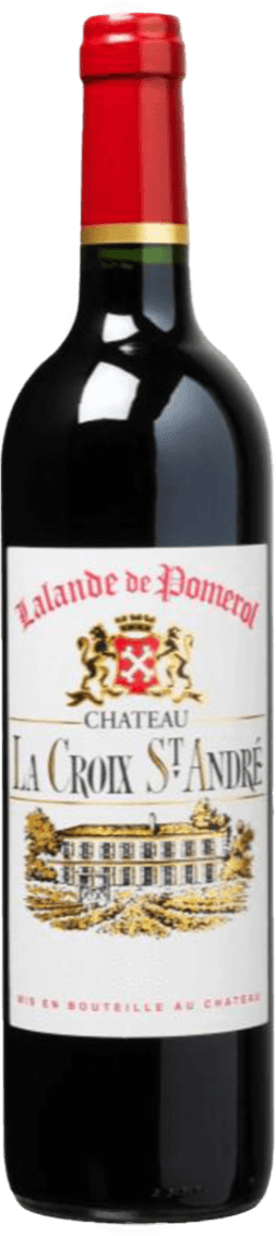 Lalande de Pomerol AC Het label toont centraal een klassieke illustratie van een kasteel of wijnhuis in zwart en goud. Daarboven staat een familiewapen met twee leeuwen en een rood schild met gouden kruizen. De naam van de wijn is in grote zwarte letters weergegeven. Het label heeft een traditionele uitstraling met sierlijke en statige elementen.