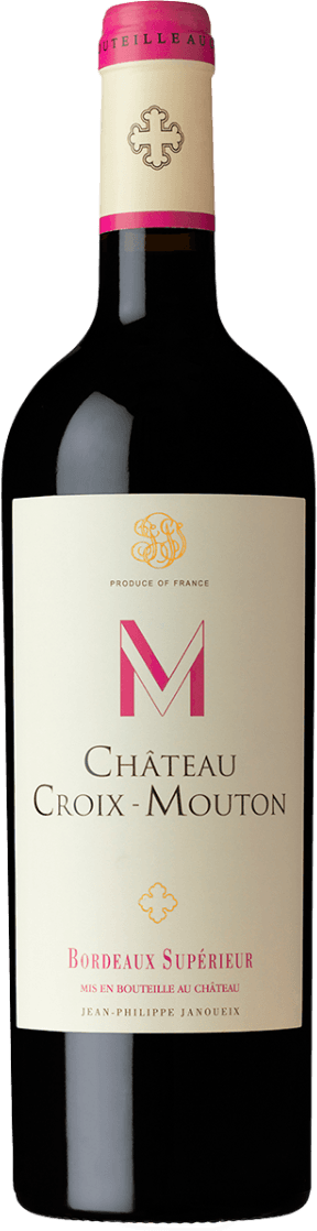 Bordeaux Supérieur AC 2022 Het label is crèmekleurig met een grote, opvallende roze 'M' centraal geplaatst. Bovenaan staat een goudkleurig embleem/kruis en onder de 'M' in klassieke zwarte letters de naam van het château. Onderaan staat in roze en goud tekst over de herkomst en botteling. Het geheel is strak, minimalistisch en modern vormgegeven met enkele kleurrijke accenten.