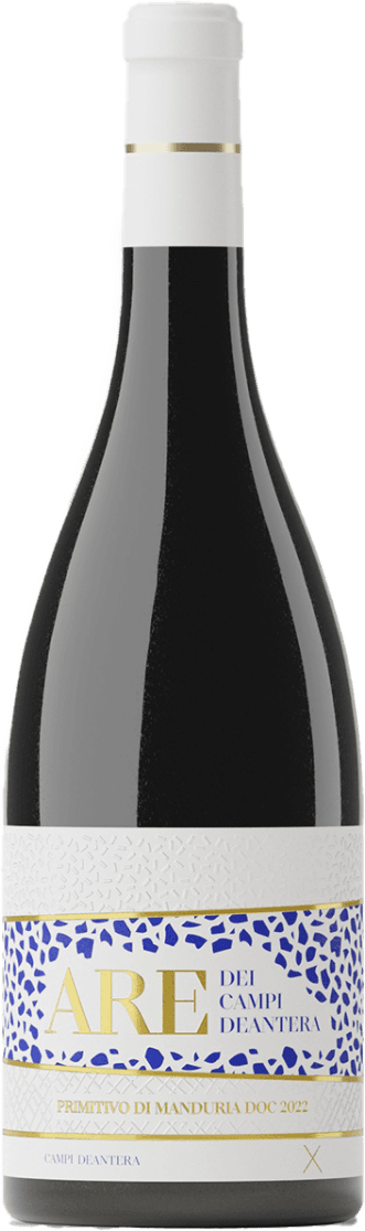 Primitivo di Manduria DOC Are Het label heeft een witte achtergrond met een opvallend patroon van blauwe abstracte vormen. De naam 'ARE' is groot en prominent in goudkleurige letters weergegeven, met daarnaast kleinere gouden tekst. Er is een diagonale gouden lijn die het label extra dynamiek geeft. Het geheel oogt modern en stijlvol, zonder traditionele wijniconografie zoals kastelen of druiven.