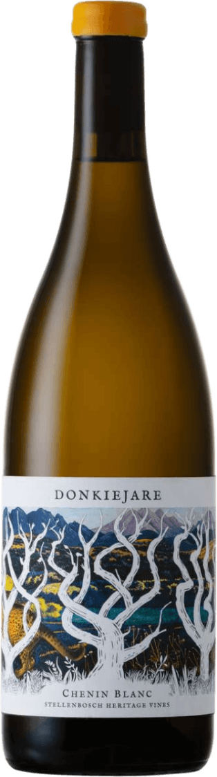Stellenbosch Chenin Blanc 2023 Het label toont een kleurrijke, kunstzinnige illustratie van witte, grillige wijnstokken op de voorgrond met daarachter een heuvelachtig landschap in levendige kleuren. De achtergrond bevat bergen en een heldere lucht, wat het geheel een speels en opvallend karakter geeft. Bovenaan staat de naam 'DONKIEJARE' in grote letters.