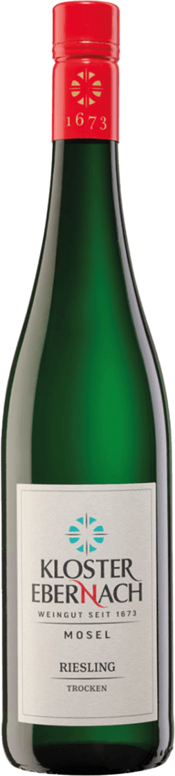 Mosel Riesling Trocken Het label is rechthoekig en heeft een minimalistisch ontwerp met een witte achtergrond. Bovenaan staat een turquoise/blauw embleem of symbool, dat doet denken aan een modern familiewapen of kloosterteken. De naam 'KLOSTER EBERNACH' staat groot centraal in zwarte en rode letters, met daaronder kleinere tekst over de herkomst en het type wijn. Het geheel oogt strak, klassiek en traditioneel zonder veel versiering.