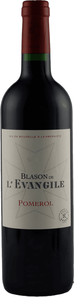 Château l'Evangile - Blason de l'Evangile, 2e wijn 2021 Het label is vrij minimalistisch met een witte achtergrond. Centraal staat de tekst 'BLASON DE L'EVANGILE' in grote letters, en daaronder 'Pomerol' in rode letters. Er is een subtiel ontwerp van een ster of kruisvorm op de achtergrond, maar verder weinig andere visuele elementen.