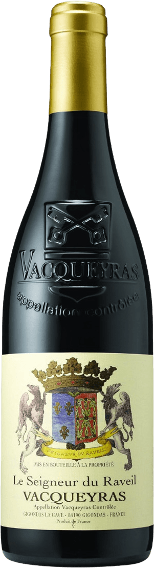 Vacqueyras AC Le Seigneur du Raveil Het label toont een familiewapen met een kroon erboven, geflankeerd door twee leeuwen. Er zijn decoratieve elementen en een lint onder het wapen met tekst erop.