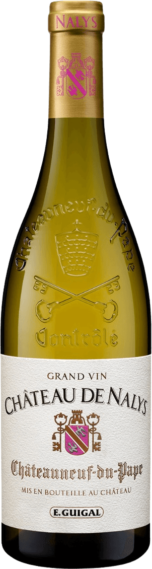 E. Guigal - Châteauneuf-du-Pape AC Château de Nalys by Guigal Het label toont een traditioneel ontwerp met een familiewapen in het midden. Er is tekst boven en onder het wapen, met de naam van de wijn prominent aanwezig. Het familiewapen heeft sierlijke elementen aan beide zijden.