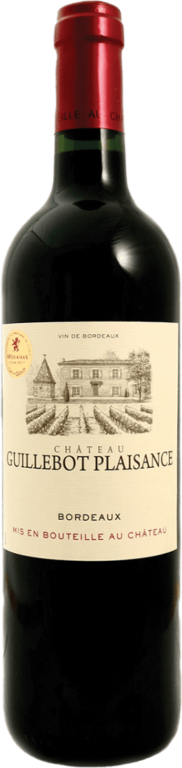 Bordeaux AC 2022 Het label toont een gedetailleerde tekening van een kasteel met daarvoor wijnvelden. De tekst 'Château Guillebot Plaisance' is prominent aanwezig, samen met de aanduiding 'Bordeaux'. Er is ook een medaille-achtige afbeelding linksboven op het label.