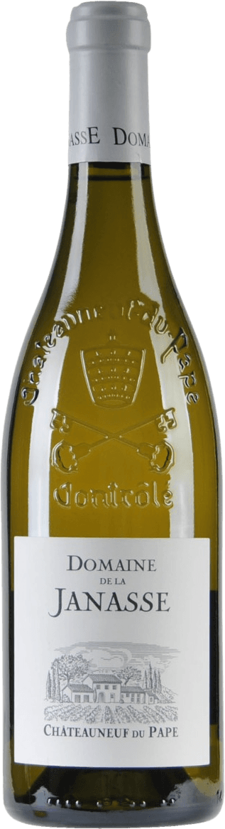 Châteauneuf-du-Pape AC Blanc 2024 Het label toont een klassieke, minimalistische stijl met een zwart-witte tekening van een wijndomein (huis met bomen en struiken eromheen). Bovenaan staat de naam 'Domaine de la Janasse' in grote letters. Het geheel oogt traditioneel en ingetogen. Er is ook reliëf zichtbaar in het glas van de fles: een wapenschild met gekruiste sleutels.