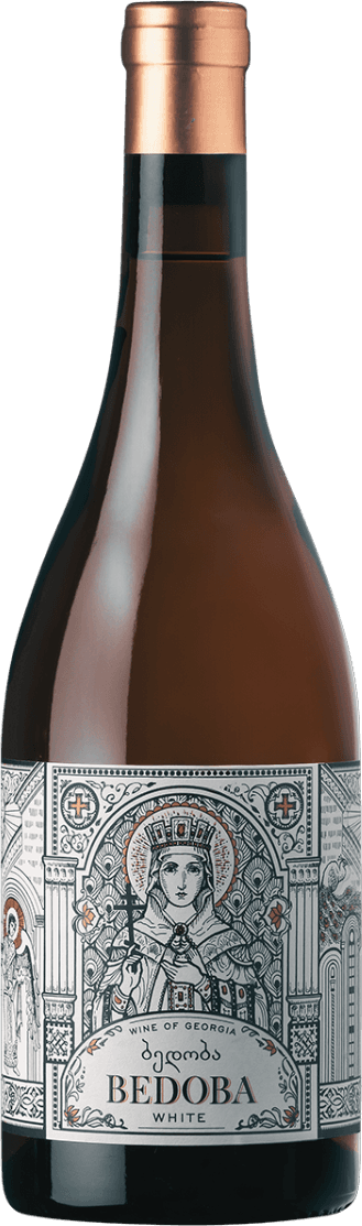 Bedoba White Het label toont een gedetailleerde, zwart-witte illustratie in een klassieke, bijna Byzantijnse stijl. Centraal staat een vrouwelijk figuur met een kroon in een omlijsting van pilaren, sierlijke patronen en kruismotieven. Het geheel heeft een religieus of historisch karakter. Naast het centrale figuur zijn er nog andere figuren en architectonische elementen zichtbaar. De naam 'BEDOBA WHITE' staat duidelijk onderaan het label.