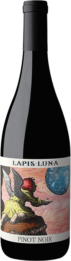 Lapis Luna - North Coast, California Pinot Noir 2023 Het label toont een engelachtige figuur met vleugels die reikt naar een grote blauwe bol. De achtergrond is artistiek en kleurrijk, met roze en rode tinten.