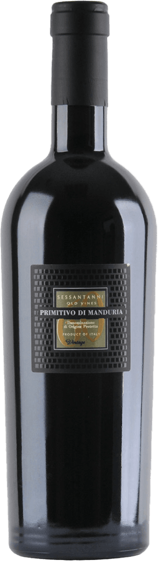 Primitivo di Manduria DOP Sessantanni 2019 Het label is rechthoekig en heeft een zwart-wit geruit patroon als achtergrond. In het midden staat de tekst 'Sessantanni' in goudkleurige letters, met daaronder 'Primitivo di Manduria'. Het geheel heeft een klassieke uitstraling.
