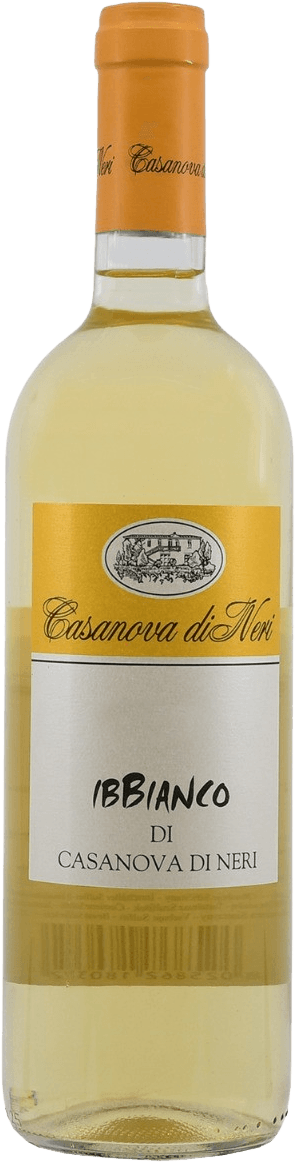 Toscana IGT IB Bianco 2018 Het label heeft een gouden achtergrond met daarop een klein ovaal embleem dat een landschap of gebouw lijkt te tonen. De naam 'Casanova di Neri' staat in sierlijke letters bovenaan het label, en daaronder in grotere, zwarte letters de naam van de wijn 'IBBIANCO DI CASANOVA DI NERI'.
