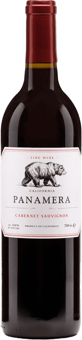 California Cabernet Sauvignon Het label toont een zwarte tekening van een beer in het midden, met daaronder de naam 'Panamera' in grote, duidelijke letters. Het label is verder wit met een rode omlijning en bevat strakke, klassieke typografie. Het geheel oogt minimalistisch en traditioneel, met een enkele illustratie als blikvanger.