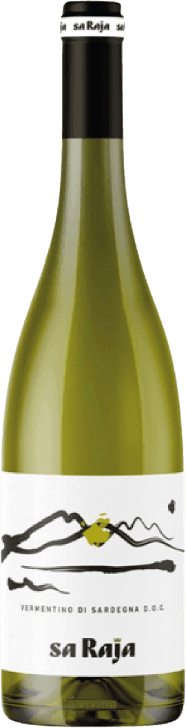 Vermentino di Sardegna DOC 2020 Het label toont een abstracte tekening met zwarte lijnen en een gele cirkel in het midden, die doet denken aan een berglandschap of horizon. De tekst 'VERMENTINO DI SARDEGNA D.O.C.' staat onder de afbeelding en 'sa Raja' is groot weergegeven onderaan.