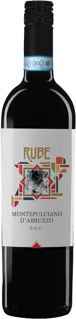 Montepulciano d'Abruzzo DOC 2023 Het label toont een geometrisch patroon in het midden met verschillende kleuren en vormen. Boven het patroon staat de naam 'RUBE' in grote, goudkleurige letters. Onder het patroon staat 'MONTEPULCIANO D'ABRUZZO D.O.C.' in zwarte letters. Het geheel heeft een moderne uitstraling.