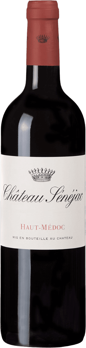 Haut-Médoc AC CB 2022 Het label is traditioneel vormgegeven met een witte achtergrond. Bovenaan staat een getekende kroon, daaronder in sierlijke zwarte letters de naam 'Château Sénéjac'. Daaronder staat in rode hoofdletters 'Haut-Médoc'. Verder bevat het label weinig visuele elementen en straalt het eenvoud en klassieke stijl uit.