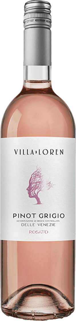 Venezie IGT Pinot Grigio Rosato Blush Het label is wit met centraal een artistieke, paarse illustratie van een gezicht in profiel, waarvan het haar overgaat in sierlijke lijnen die lijken op takken of wind. De naam 'VILLA LOREN' staat bovenaan in zwarte hoofdletters. Onder de illustratie staat de naam van de wijnsoort en herkomst in een strakke, moderne typografie. Het geheel oogt minimalistisch en elegant, met een subtiele artistieke touch.